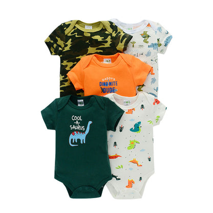 New baby summer short-sleeved khaki 5-piece set 0-1-year-old baby newborn fart suit wholesale 1batch = 5 pieces price for 5piece, 0.25kg.