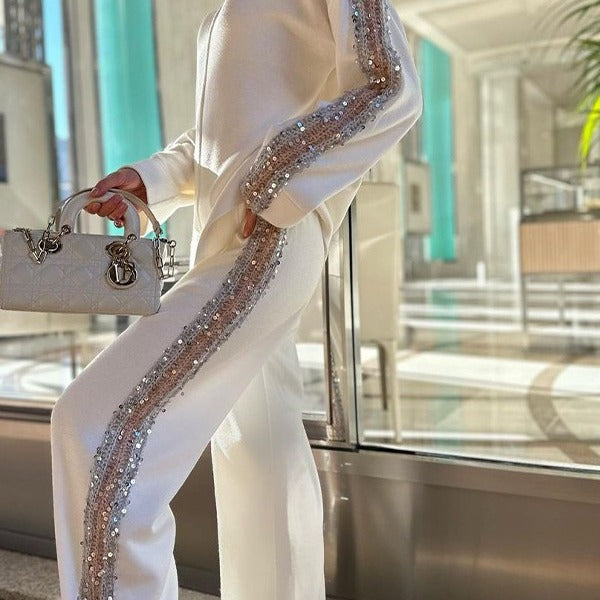 Autumn new Europe and the United States Amazon cross-border Europe and the United States high-necked fashion niche sequined rimmed pants suit women