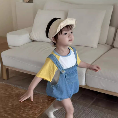 A children's summer clothing, baby short sleeved set, Korean version children's clothing, baby summer T-shirt, denim shoulder strap, shorts set