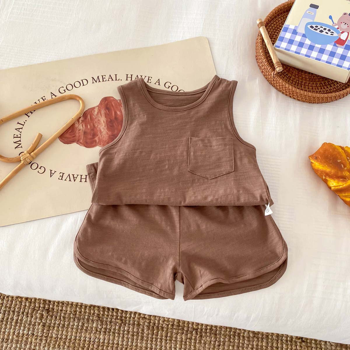 A Children's summer Korean sleeveless vest solid color suit for boys and girls thin cool outing two-piece set of baby clothes