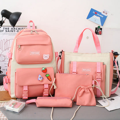 A Spring New Canvas Backpack Women's Korean Version Large Capacity Five-Piece Set Middle School Student Backpack College Student School Bag