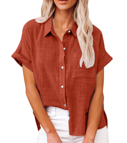 A Amazon wish summer new European and American cross-border women's clothing solid color linen shirt short sleeve casual loose shirt