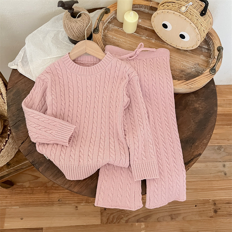 Ropa de invierno para niñas, conjunto de dos piezas de top y pantalones de punto trenzado de estilo coreano, conjunto de suéter informal de estilo occidental para niñas pequeñas 