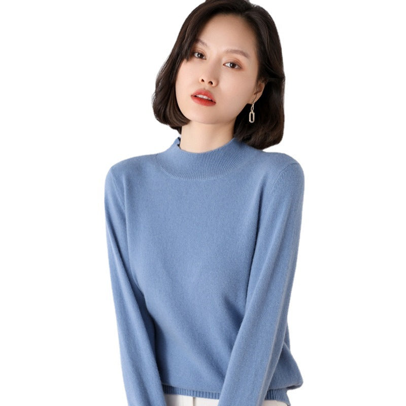 A Autumn and winter semi-turtleneck pullover wool sweater women's loose full-color short fleece sweater long-sleeved inner knitted bottoming shirt