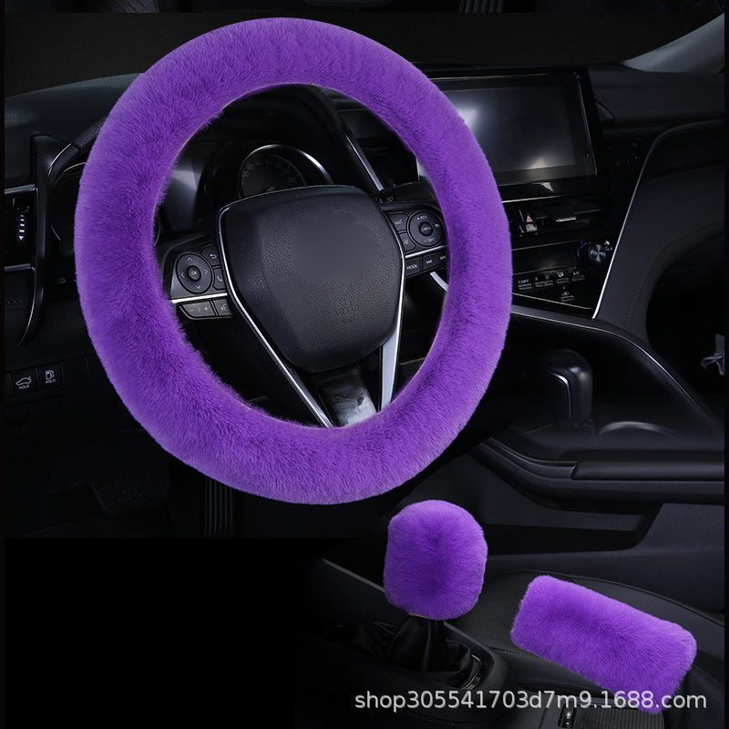 Winter short plush handlebar cover imitation rabbit fur gear lever handbrake three-piece set plush car steering wheel cover (moq:10 set , if  buy one piece need 1usd extra fee )