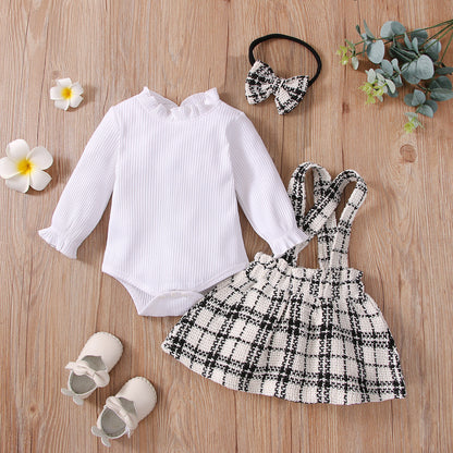 Girl's Cute White Plaid Shirt Set Sweetheart White Shirt Hanging Dress Three Piece Set Wholesale 0.26kg