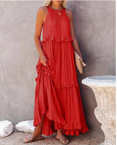 A Europe, America 2024 summer new vacation wind ruffle leaf edge long dress Amazon pendulum elegant beach dress women