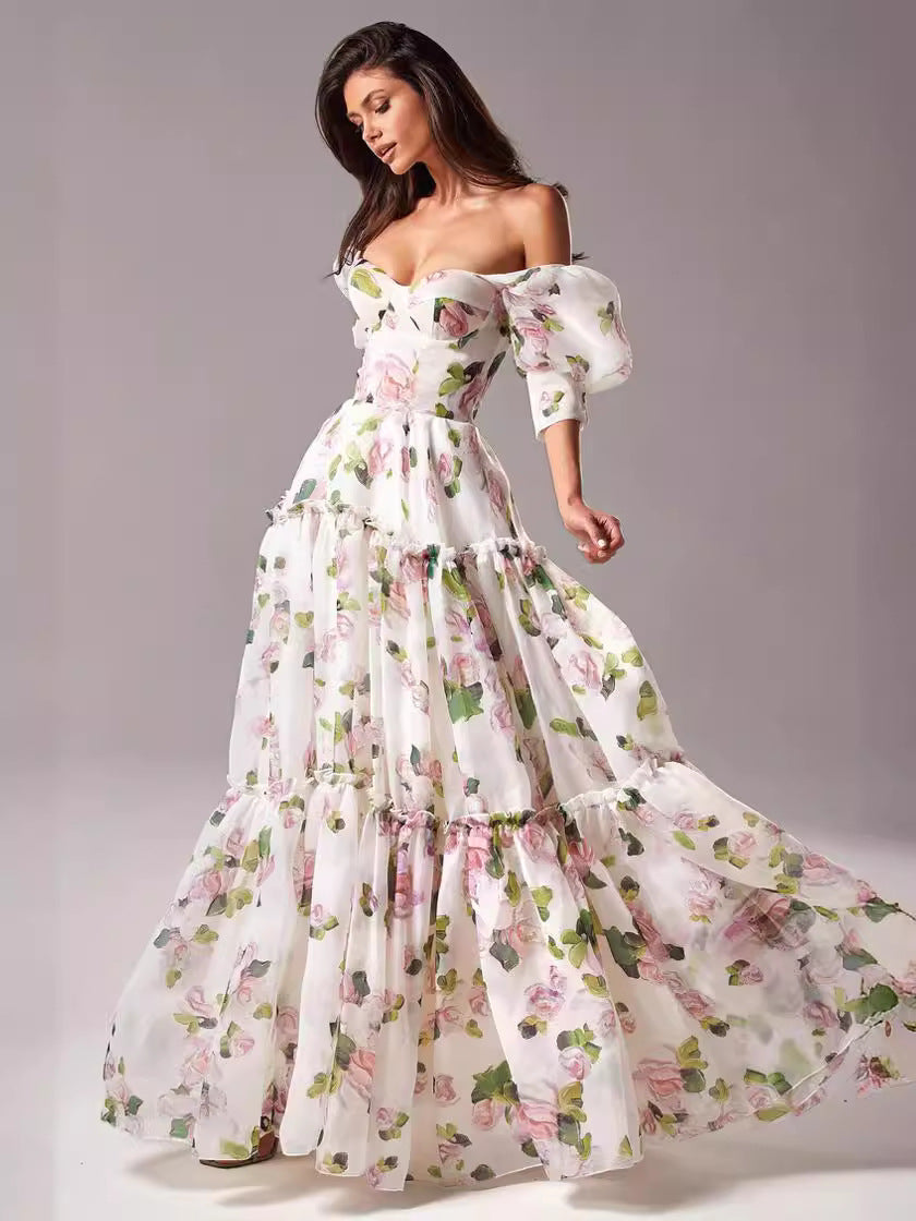 A 2024 new spring and summer off-the-shoulder European and American women's clothing fashion organza fairy long temperament evening dress dress