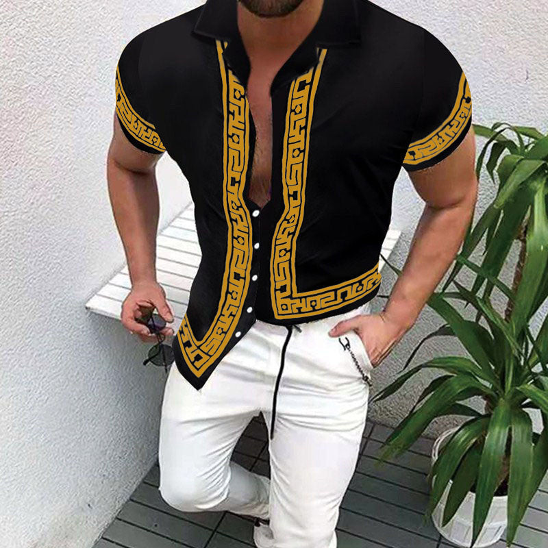 A 2023 Cross border Factory Direct Sales Summer New Ethnic Style Men's Short sleeved Shirts Ethnic Printed Cardigan Top