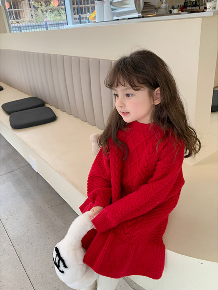 A girls Korean version of foreign style knitted wool skirt autumn and winter clothing new children's ruffle edge thickened princess dress