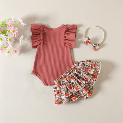 Children's summer baby girl set, 0-24M, baby ruffle edge sleeve jumpsuit, floral pants skirt, headband, 3-piece set, 0.2kg