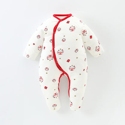 A Autumn and winter baby foot-wrapped onesie padded cotton newborn pure cotton cotton clothes go out to keep warm