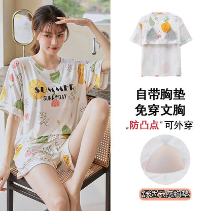 A 2024 Modal pajamas women's summer thin short-sleeved shorts anti-bumps with chest pads loungewear suit can be worn outside