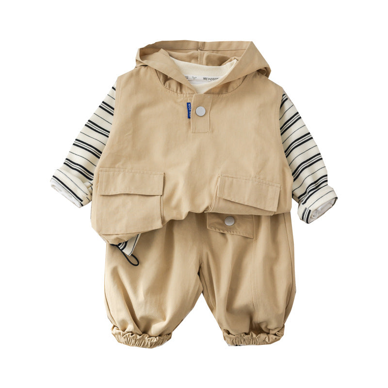 A autumn new boys lapel shirt long-sleeved three-piece boy's tooling trousers striped vest set