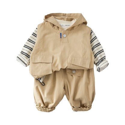 A autumn new boys lapel shirt long-sleeved three-piece boy's tooling trousers striped vest set