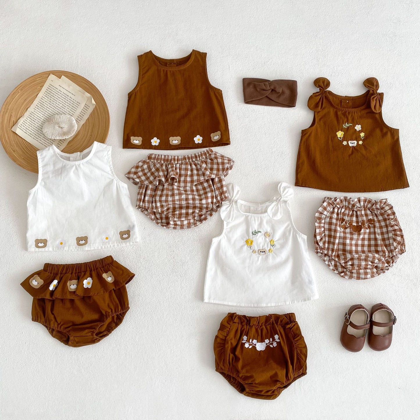 A 2024 summer infant baby bear printed vest top+lotus leaf triangle shorts 2-piece suit