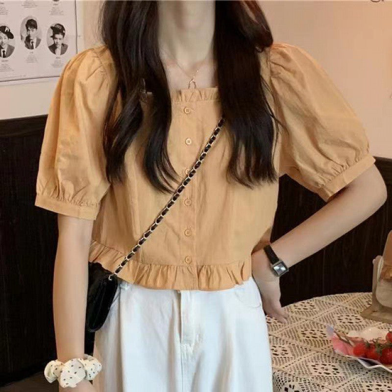 A Summer New 2024 Lotus Leaf Edge Short Sleeve Shirt Women's High Waist Salt Sweet Bubble Sleeves