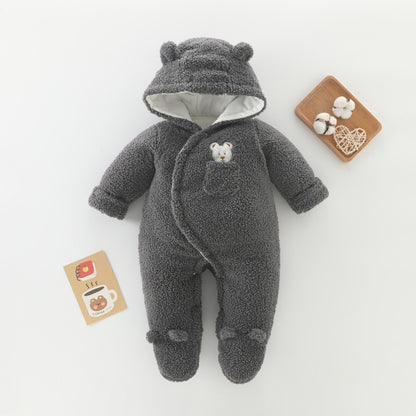 A baby thickened teddy fleece onesie baby bag hands and feet warm Romper winter out climbing clothes