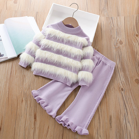 A girls sweater set, autumn and winter new Korean version of fashionable baby girl Mao Mao knitted long-sleeved pants two-piece set