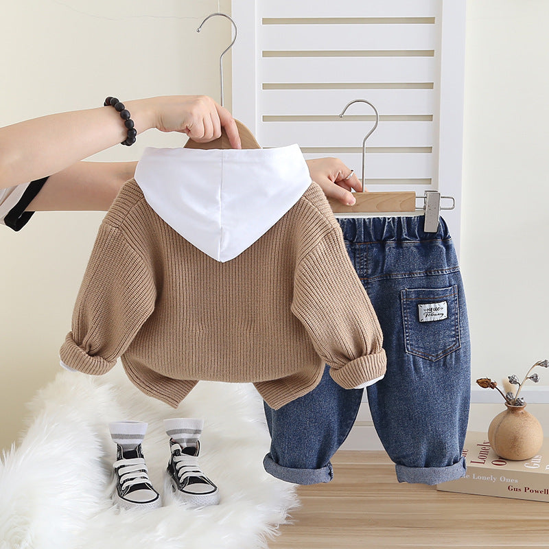 A Boys Autumn Clothing Set Children's 2024 New Boys Spring and Autumn Color Matching Pocket Long Sleeve Sweater Three-piece Set