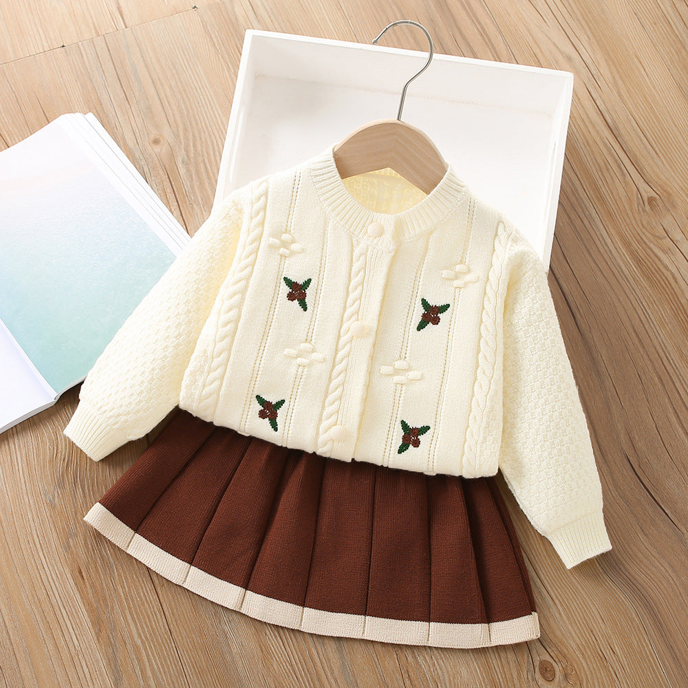 A girls sweater set autumn and winter new Korean version fashionable baby flower embroidery knitted cardigan skirt two-piece set