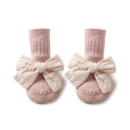 A autumn baby leather sole floor shoes and socks baby socks medium tube anti-drop Korean version bow princess socks toddler socks shoes