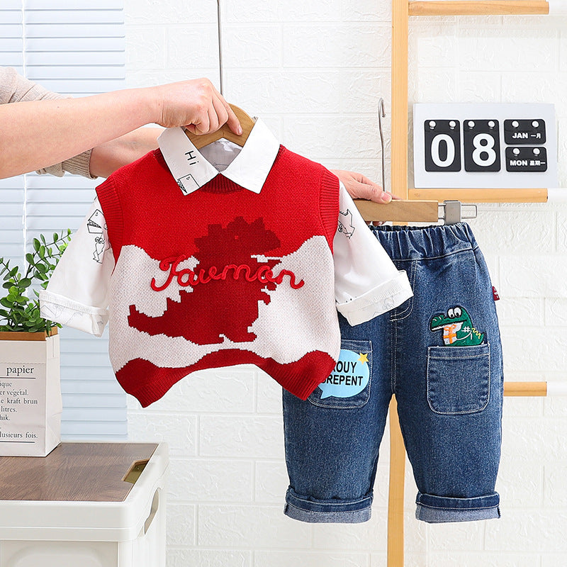 A boys' spring suit foreign baby spring autumn wave dinosaur sweater three -piece set