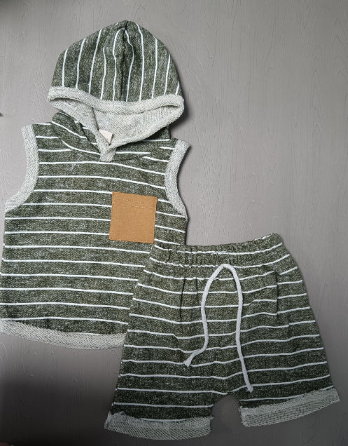 Children's sleeveless hooded striped printed vest top+summer casual drawstring shorts 2-piece set of 0.25kg