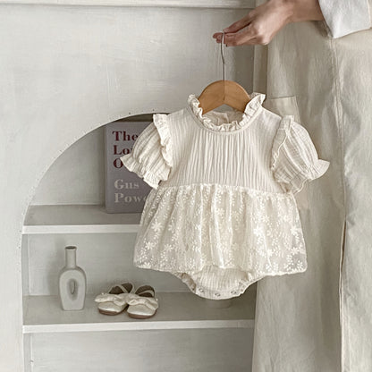 A 2024 summer model for babies and young children comfortable double-sided cotton jumpsuit lace short sleeve baby girl crawling dress princess ha-skirt