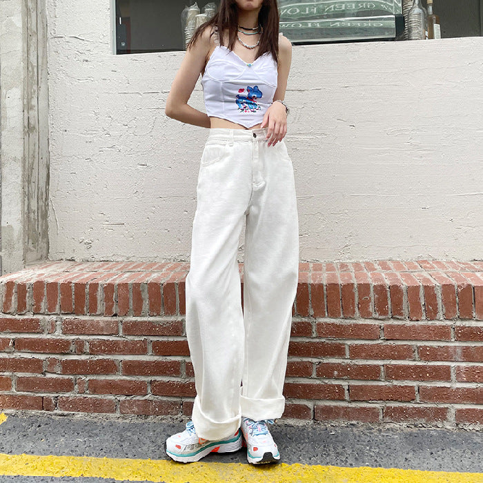 A white jeans women's 2024 spring and summer casual loose wide-leg pants Korean version high-waisted and thin floor pants extended trousers