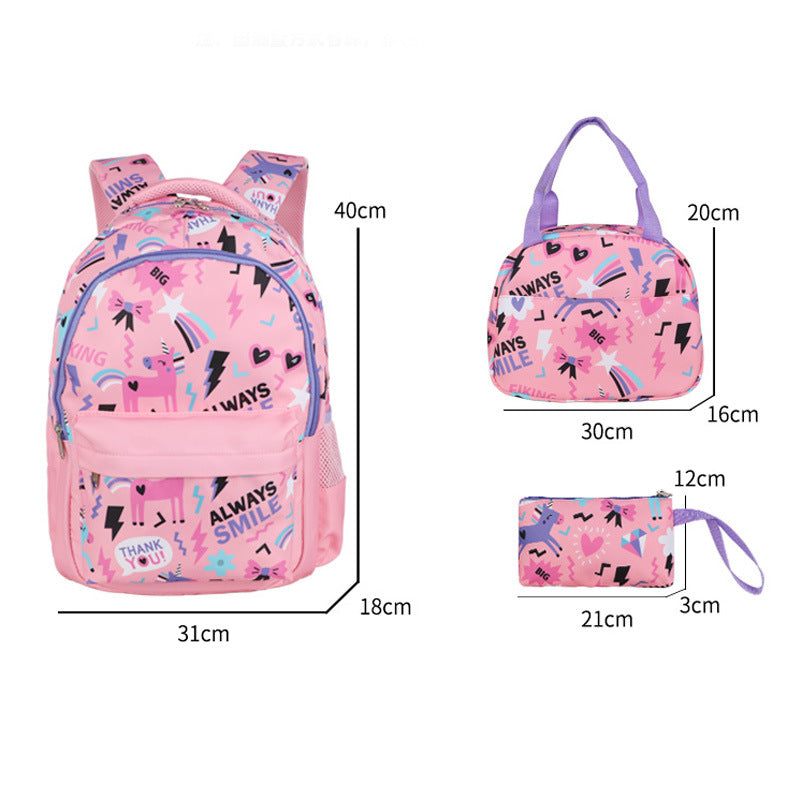 Mochila escolar de gran venta transfronteriza, mochila de dibujos animados, conjunto de tres piezas, lonchera, bolsa para bolígrafos, mochila de gran capacidad en stock 