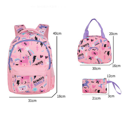 Mochila escolar de gran venta transfronteriza, mochila de dibujos animados, conjunto de tres piezas, lonchera, bolsa para bolígrafos, mochila de gran capacidad en stock 