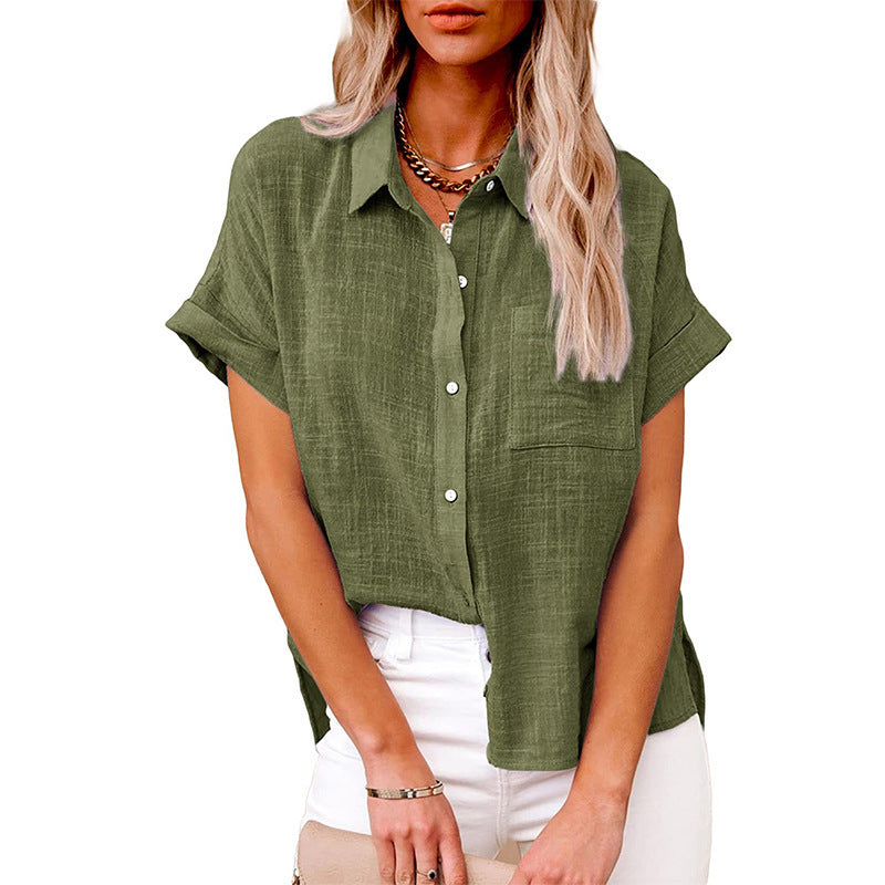 A Amazon wish summer new European and American cross-border women's clothing solid color linen shirt short sleeve casual loose shirt