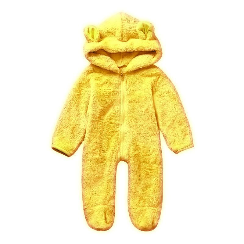 A Men, women and children, European and American spring and autumn winter cute solid color hooded fleece thickened foot-wrapped one-piece Romper children's clothing ins