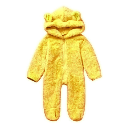 A Men, women and children, European and American spring and autumn winter cute solid color hooded fleece thickened foot-wrapped one-piece Romper children's clothing ins