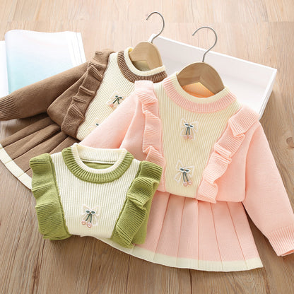 A Girls sweater set  autumn and winter new sweet wood ear ear knitted long -sleeved sleeve two -piece tide