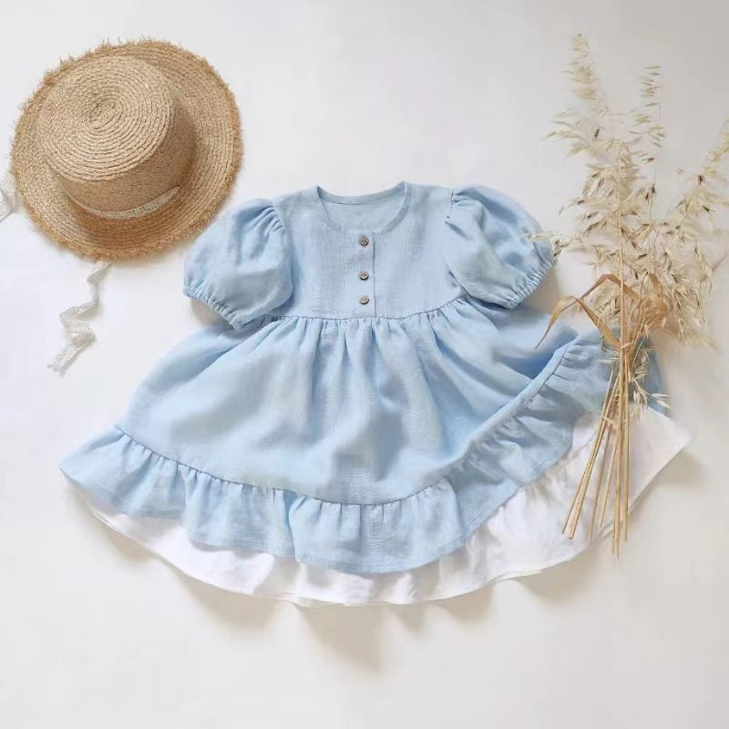 A 2024 Summer Girls' Cotton and Hemp Short sleeved Bubble Sleeve Dress with Ruffle Edge Princess Dress Cross border Trade Amazon Instagram