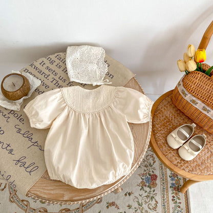 A Summer 2024 Baby Clothes 0-3 Year Old Girl Baby Simple and Sweet Round Neck Lace Spliced Jumpsuit