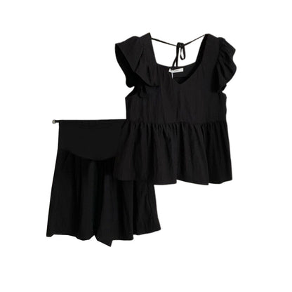 A maternity suit, small French small fly-sleeved top, age-reducing and thin shirt, shorts, summer new two-piece set trendy