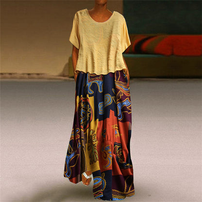 Ethnic style printed cotton and linen skirt fashionable summer ol temperament women's suit a-line skirt dress