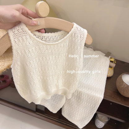 A popular children's clothing set for girls, thin and trendy knit set, 2024 summer women's treasure hollowed out vest, wide leg pants, two-piece set, trendy 0.1KG