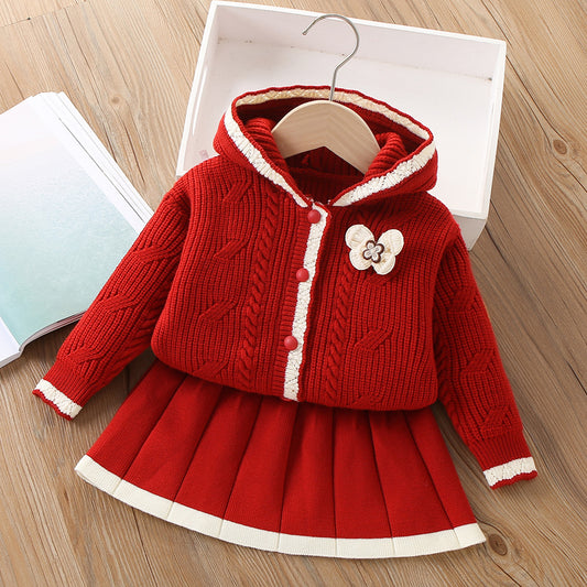 A girls sweater set autumn and winter new Korean version of foreign style baby girl fashionable knitted hooded cardigan two-piece set