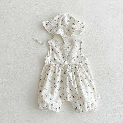 A girl baby summer thin floral bag fart clothes crawling baby western style plaid sleeveless vest jumpsuit to send a hat.