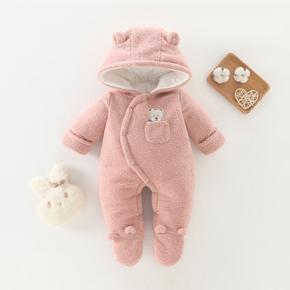 A baby thickened teddy fleece onesie baby bag hands and feet warm Romper winter out climbing clothes