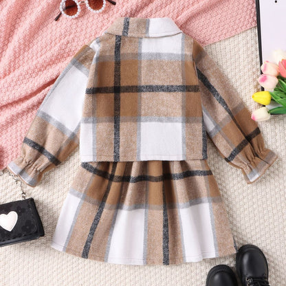 Girls sell new products in autumn. Girls&#039; high-necked plaid dress plaid coat two-piece suit. 0.25kg