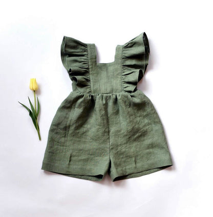 A 2024 summer girl baby cotton linen one-piece shorts strap one-piece children's clothes baby one-piece clothes and crawling clothes