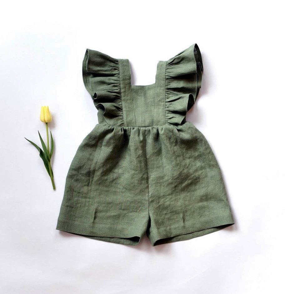 A 2024 summer girls&#039; baby cotton and linen one-piece shorts strap jumpsuit children&#039;s clothing infant jumpsuit Ha Yi climbing clothes