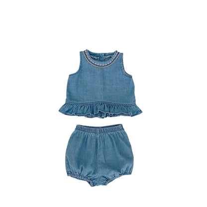 A 2024 Summer Popular Children's Wear Embroidered Soft Denim Cloth Infant and Toddler Girls All Cotton Sweet Sleeveless Set