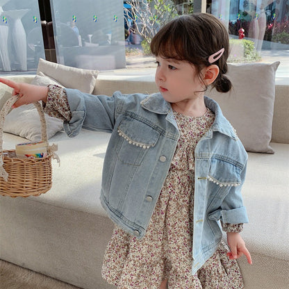 Girls' Spring Wear New Pearl Korean Children's Denim Coat Baby Spring and Autumn Western Style Cardigan Top Trendy 0.55kg