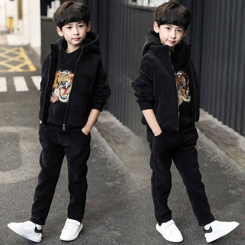 A boys autumn and winter suit new fleece thickened sweater three-piece set medium and older children's Korean version double-sided fleece children's clothing